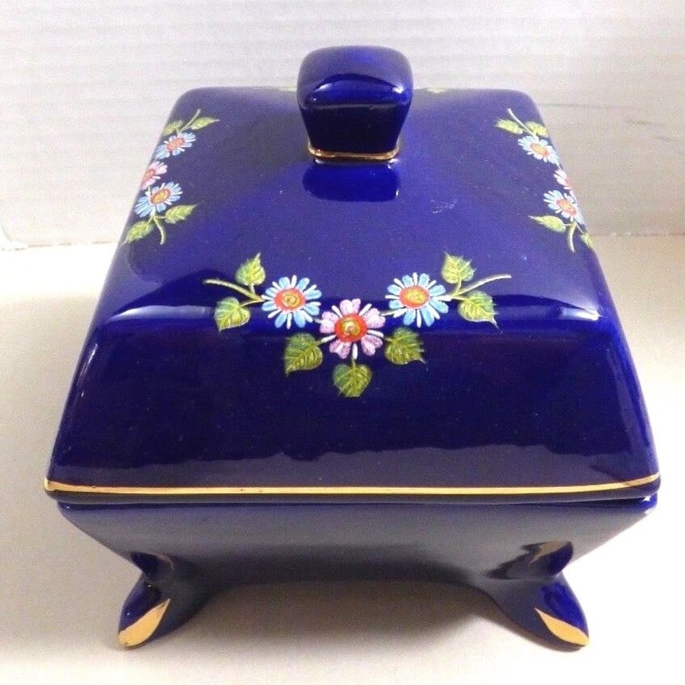 VTG Signed Cobalt Blue & Floral Porcelain Bisque Trinket Box Footed Lidded Jar - Picture 3 of 12